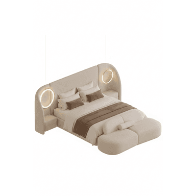 A contemporary upholstered platform bed featuring a curvilinear headboard that seamlessly integrates bedside tables and circular LED lighting, complemented by a matching footboard bench. — 3D model
