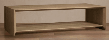 A minimalist, rectangular coffee table crafted from light-toned wood, featuring a continuous waterfall edge design for the top and side panels. It includes an integrated lower shelf, providing additional storage or display space. The design emphasizes clean lines and a contemporary aesthetic. — 3D model