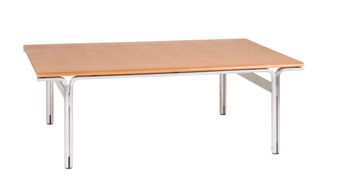 A modern rectangular coffee table featuring a light-toned plywood top resting on a minimalist tubular chrome-plated steel frame with four vertical legs. — 3D model