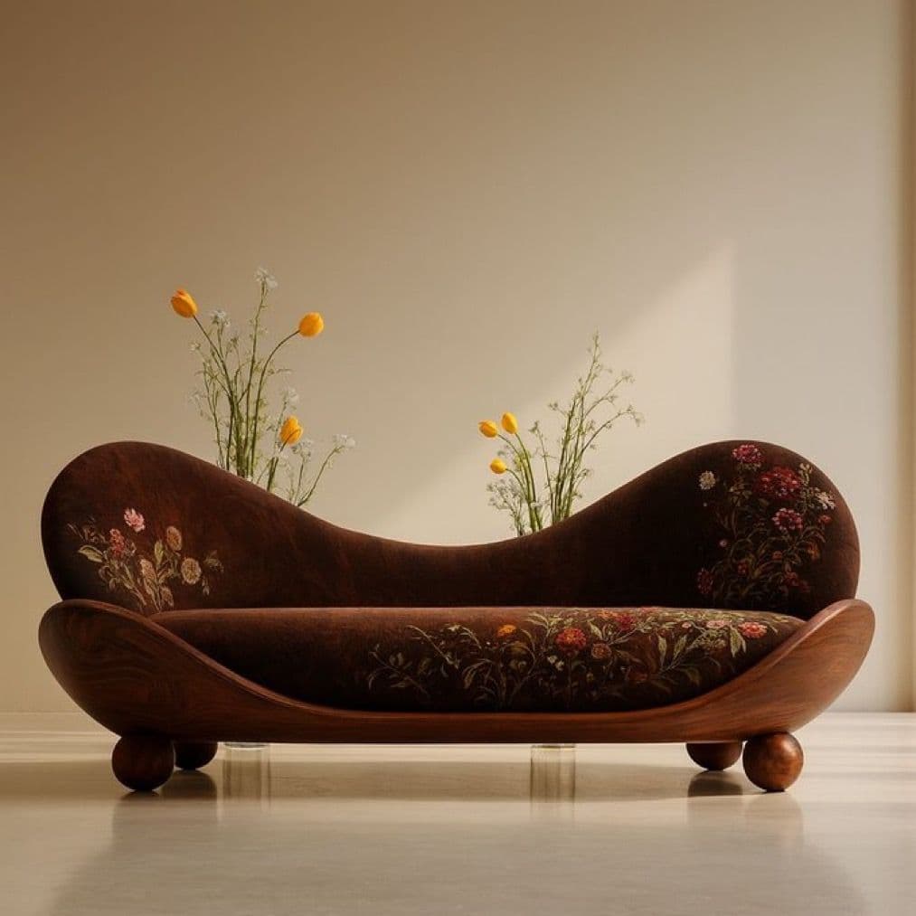 A curved chaise lounge with a dark brown, textured upholstery featuring a floral pattern. The base and frame are constructed from polished wood with visible grain, exhibiting a smooth, rounded form. It rests on four small, spherical wooden legs. The design blends organic curves with intricate detailing. — 3D model