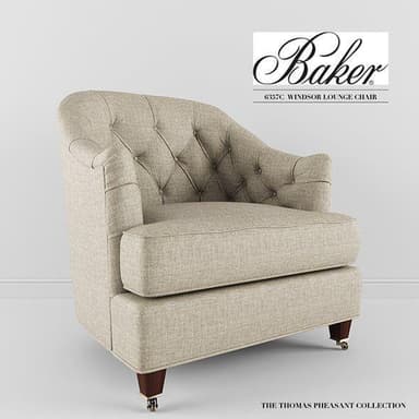 An upholstered armchair featuring a classic design. The chair has a light beige, textured fabric upholstery, characterized by deep diamond tufting on the backrest. It possesses gently rolled arms and a plump, removable seat cushion. The chair is supported by short, dark wood tapered legs, each fitted with brass caster wheels, suggesting a blend of traditional elegance and practical mobility. — 3D model