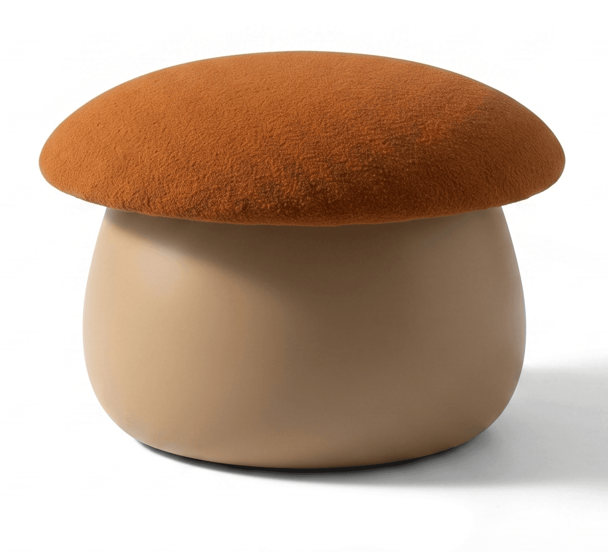 A contemporary, mushroom-shaped ottoman featuring a rounded, plush upholstered top in a rich brown hue, set atop a smooth, bulbous base in a contrasting beige finish. — 3D model