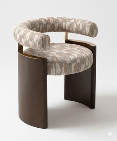 An upholstered barrel-style accent chair featuring a curved backrest and armrests, a circular seat, a geometric pattern fabric, and a substantial dark wood panel base with subtle brass accents. — 3D model