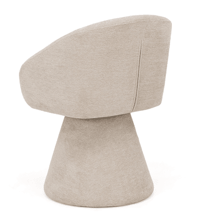 A contemporary armchair with a rounded, enveloping backrest and integrated armrests. The seat is plush and comfortable. It is supported by a distinctive, flared conical base that appears to be a swivel base, allowing for rotation. The upholstery has a textured finish. — 3D model