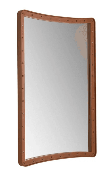 A tall, rectangular wall mirror featuring a frame constructed from rich, medium brown leather, accented with numerous brass-toned studs along its inner and outer edges. The mirror glass is plain, and the frame exhibits softly rounded corners, contributing to a refined yet rugged aesthetic. — 3D model