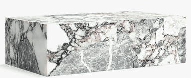 A rectangular block-shaped coffee table constructed from a composite of variegated marble, featuring distinct patterns of white, gray, and black. — 3D model