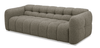 A modern, fully upholstered sofa with a plush, textured fabric. The design features deep channel tufting on both the seat and back cushions, creating a rounded, segmented appearance. The arms and base have a soft, curved profile, giving it a contemporary and inviting look. — 3D model