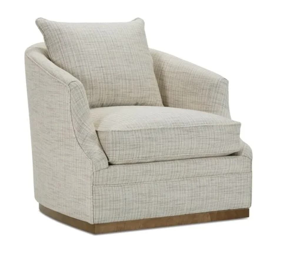 A contemporary upholstered barrel-style chair with a loose seat cushion and a separate back pillow, resting on a recessed wooden plinth base. — 3D model