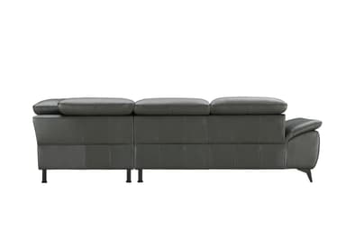 A contemporary dark grey modular sofa, viewed from the rear, featuring three distinct, plush back cushions. The lower back section is panelled, creating a structured aesthetic. The sofa rests on multiple dark, subtly tapered metal legs, with a gracefully curved armrest partially visible on the right side. The upholstery appears to be a smooth, matte faux leather material, indicating a modern design. — 3D model