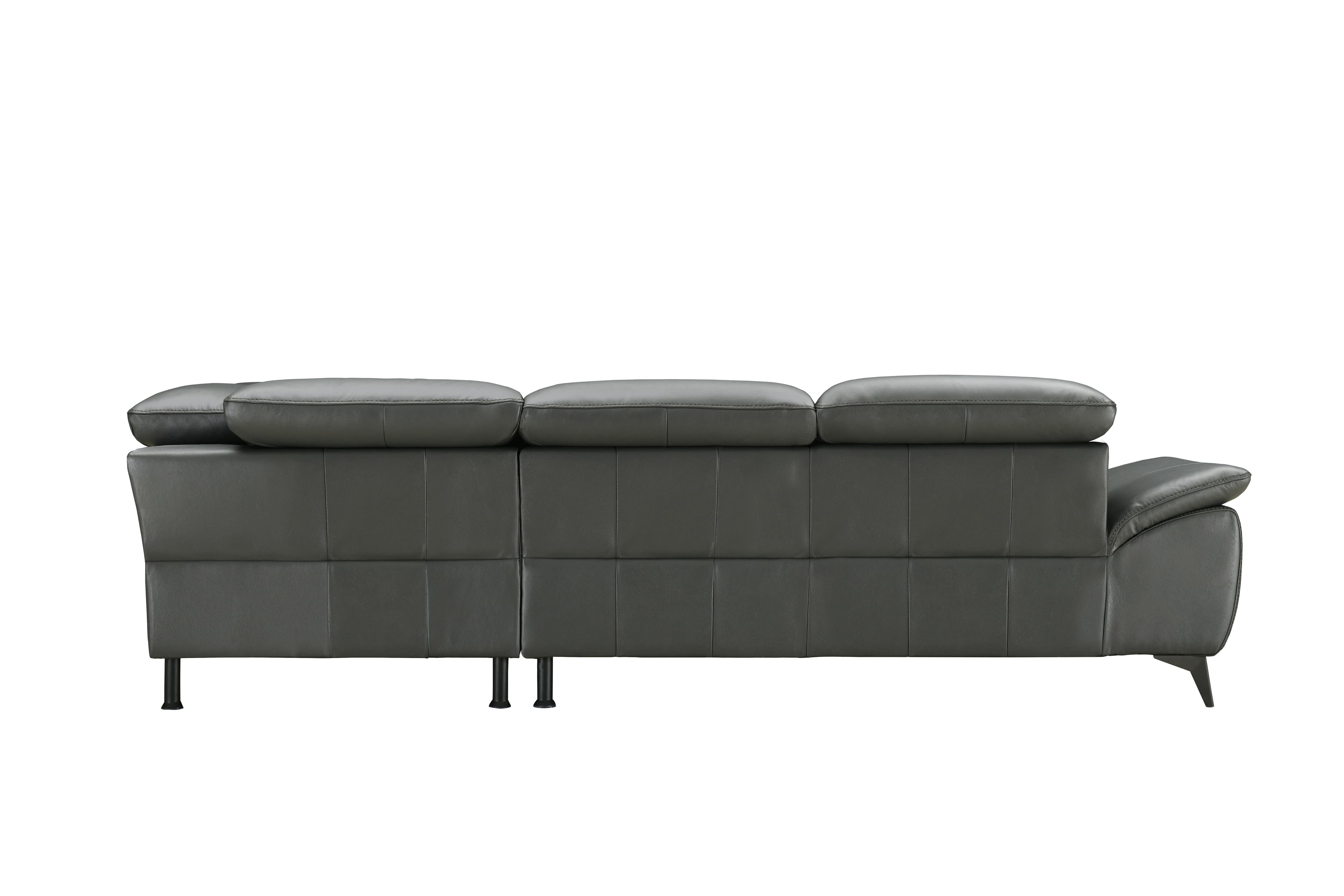 A contemporary dark grey modular sofa, viewed from the rear, featuring three distinct, plush back cushions. The lower back section is panelled, creating a structured aesthetic. The sofa rests on multiple dark, subtly tapered metal legs, with a gracefully curved armrest partially visible on the right side. The upholstery appears to be a smooth, matte faux leather material, indicating a modern design. — 3D model
