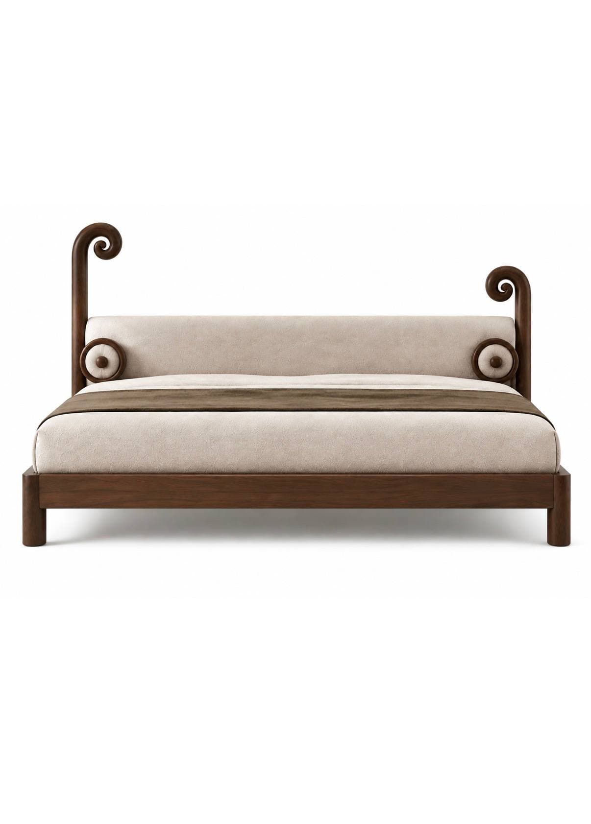 A contemporary platform bed featuring a dark-stained wooden frame and a beige upholstered headboard. The headboard is adorned with distinctive scroll-shaped wooden finials at each end and includes two upholstered bolster cushions. The bed is presented with light-colored bedding and a brown throw, showcasing its clean lines and unique design. — 3D model