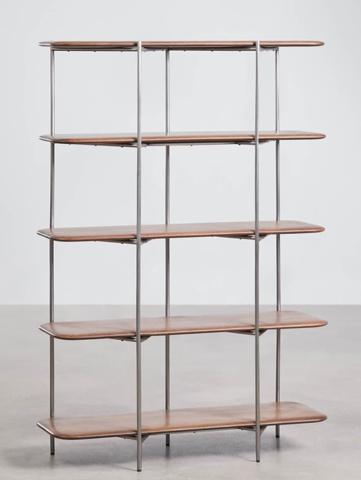 A modern five-tier shelving unit featuring light brown wooden shelves with gently rounded edges, supported by a slender dark gray metal rod frame. The design is minimalist and open, suitable for display and storage. — 3D model