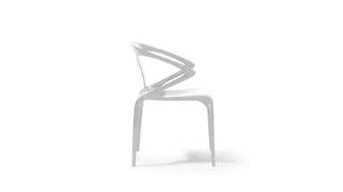 A modern, single-piece molded chair with a continuous, flowing design. The seat is flat and square-ish, leading to a backrest that curves upwards and outwards, featuring a distinctive abstract, serpentine-like pattern. The legs are straight and taper slightly towards the floor. — 3D model