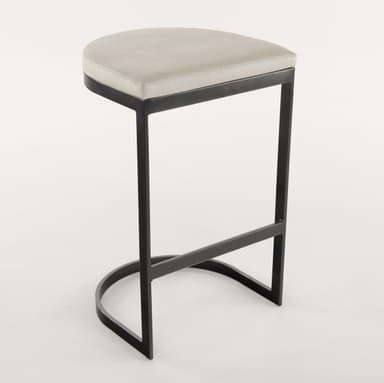 A contemporary backless bar stool featuring a charcoal gray powder-coated metal frame with a sled base and an integrated footrest, topped with a padded rectangular seat upholstered in light gray faux leather. — 3D model