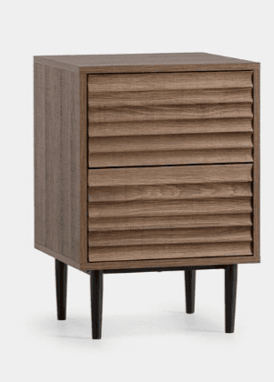 A compact nightstand featuring two storage drawers with decorative fluted fronts, finished in a warm brown wood grain laminate. The unit is supported by four slender, splayed black tapered legs. — 3D model