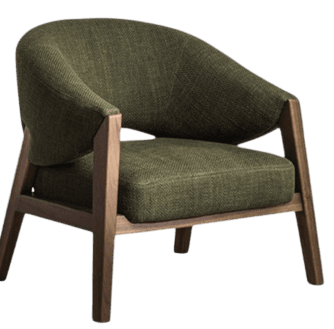 A modern armchair with a rounded back and seat upholstered in textured green fabric. The frame is constructed from dark wood, featuring an open design with visible legs and armrest supports. The upholstery appears to be a woven fabric with a visible texture. — 3D model