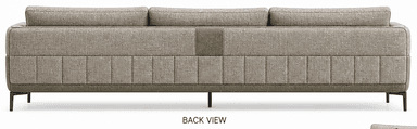 A contemporary three-seater sofa, viewed from the back. It features a neutral-toned fabric upholstery with distinct vertical panel stitching on the lower backrest and a contrasting central panel. The sofa has three individual back cushions and rests on sleek, dark-finished metal legs, indicating a modern aesthetic. — 3D model