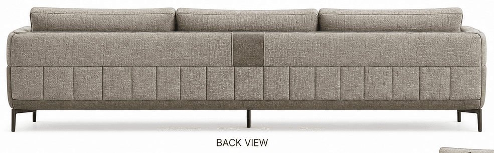 A contemporary three-seater sofa, viewed from the back. It features a neutral-toned fabric upholstery with distinct vertical panel stitching on the lower backrest and a contrasting central panel. The sofa has three individual back cushions and rests on sleek, dark-finished metal legs, indicating a modern aesthetic. — 3D model