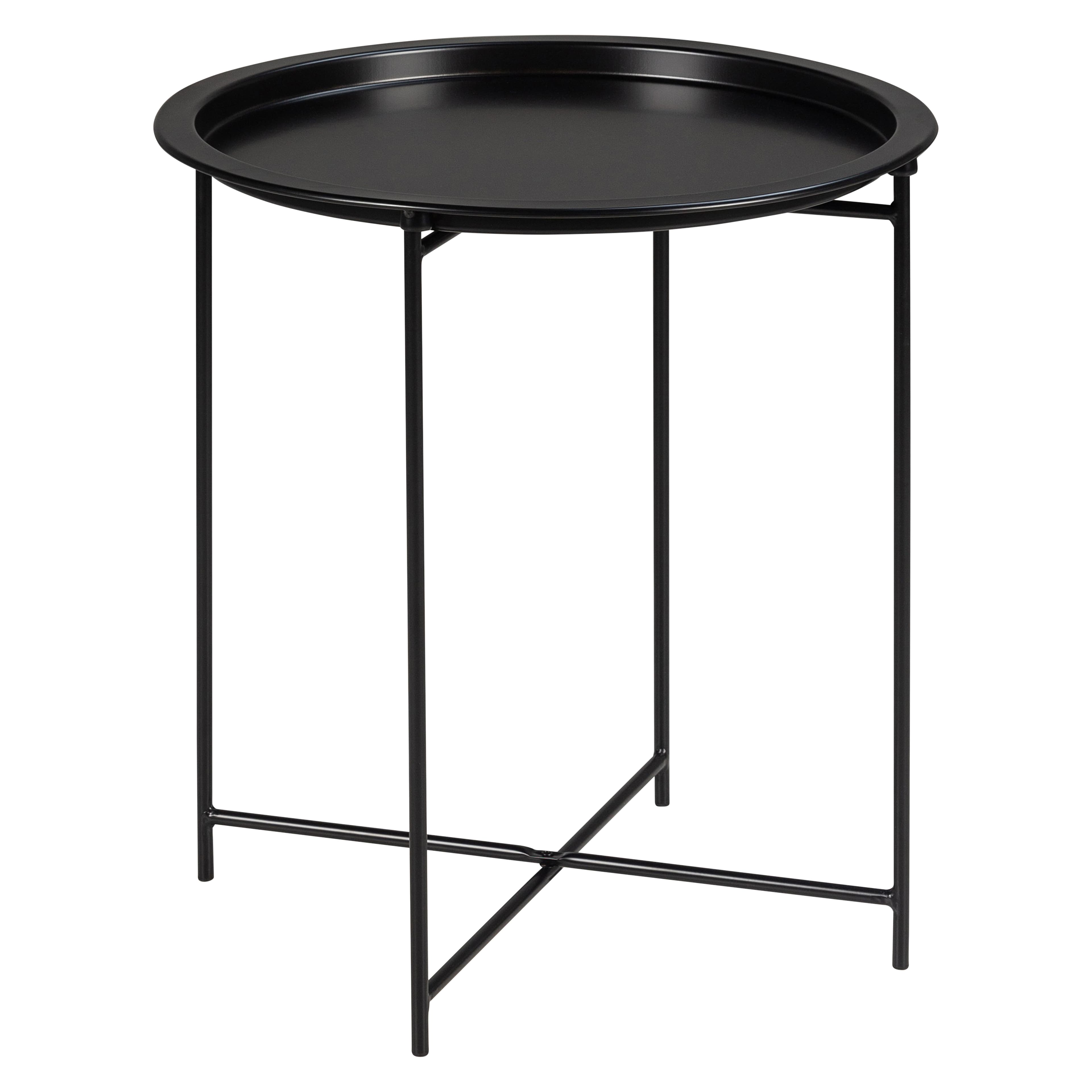 A modern matte black metal side table featuring a round, integrated tray top with a raised edge, supported by slender cylindrical legs that form a cross-braced base. — 3D model