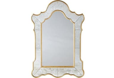 A decorative wall mirror with an ornate, arched frame. The frame has a scalloped, irregular silhouette and features a golden finish. The mirror itself is composed of multiple beveled mirror segments arranged in a pattern, with some segments exhibiting a distressed or antiqued finish. The overall aesthetic is opulent and traditional. — 3D model