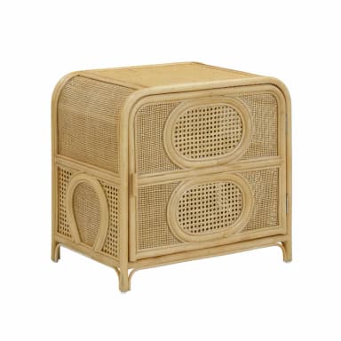 A two-drawer cabinet constructed from woven rattan. The cabinet features rounded corners and decorative oval-shaped panels on the drawer fronts and side panels. It is supported by four slender legs. — 3D model
