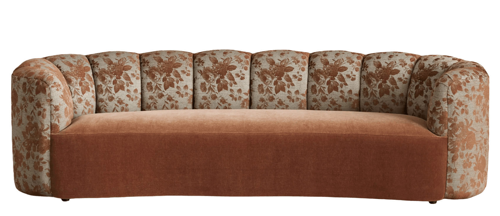 A curved sofa featuring a dual-fabric upholstery design. The seat and lower frame are upholstered in a solid, textured fabric, while the backrest and arms are covered in a fabric with a floral pattern. The backrest is segmented, creating a fluted effect along its length. — 3D model