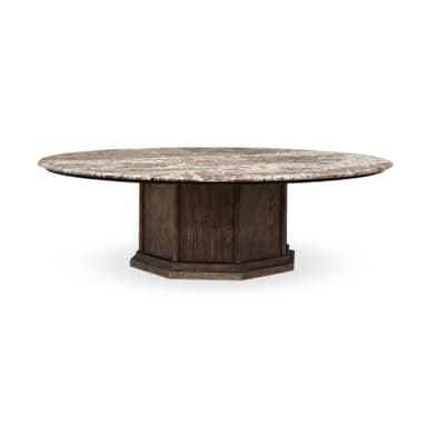 A round table featuring a natural marble tabletop with distinct veining patterns, supported by a substantial dark brown wood pedestal base with vertical paneling, resting on a faceted plinth. — 3D model