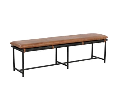 A rectangular bench with a padded seat and a metal frame. The seat is upholstered in brown leather with visible stitching. The frame is constructed from dark-colored metal, possibly iron or steel, with a minimalist design. Leather straps are used to secure the seat to the frame. — 3D model