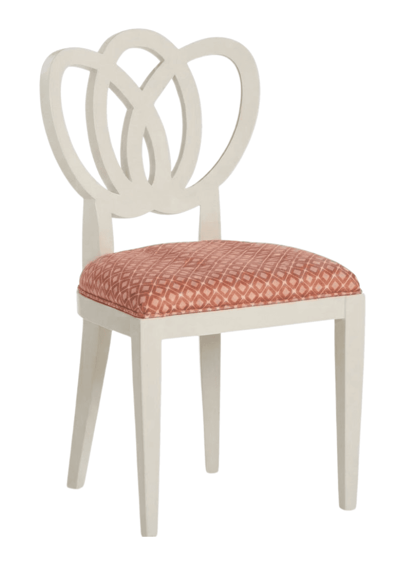 An armless side chair featuring an off-white or cream lacquered wooden frame and a padded, upholstered seat. The most distinctive feature is the openwork backrest, composed of intersecting and interlocking circular or oval shapes. The seat upholstery is a coral-colored fabric with a subtle geometric pattern. The chair stands on four straight, subtly tapered legs. — 3D model