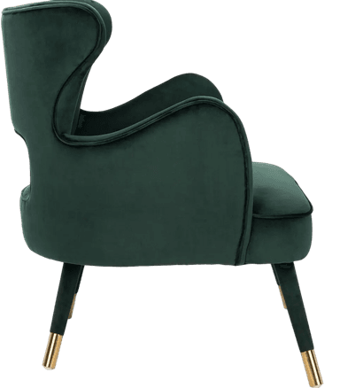 An elegant emerald green velvet accent chair featuring a sculpted form, fluted back detail, and gold-capped tapered legs. The chair has an open back design with gracefully curved arms, suitable for luxurious interior settings. — 3D model
