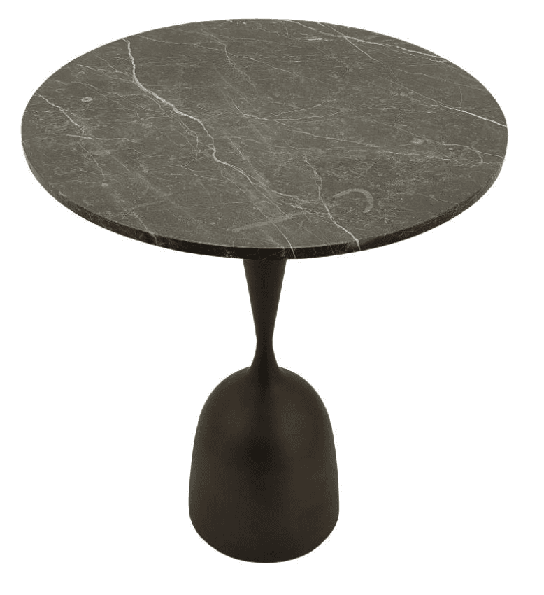 A round side table with a dark grey marble top featuring white veining, supported by a dark, matte pedestal base. The base has a sculptural, bell-like form that tapers towards the tabletop. — 3D model
