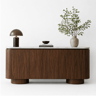 A modern, minimalist sideboard or credenza featuring a dark walnut veneer body, a white marble top, and rounded edges, supported by two cylindrical plinth bases. — 3D model
