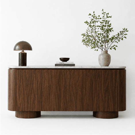 A modern, minimalist sideboard or credenza featuring a dark walnut veneer body, a white marble top, and rounded edges, supported by two cylindrical plinth bases. — 3D model
