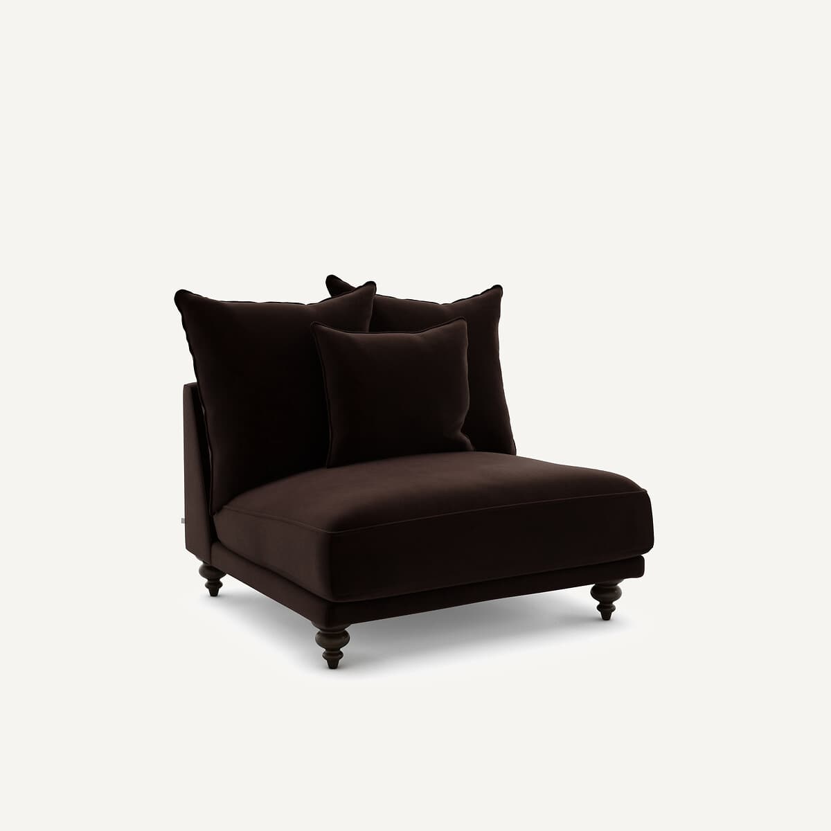 A plush, dark brown armchair with a low profile and three loose back cushions. The armchair features a sturdy frame with four turned wooden legs. The upholstery appears to be a soft fabric, possibly velvet or velour. — 3D model