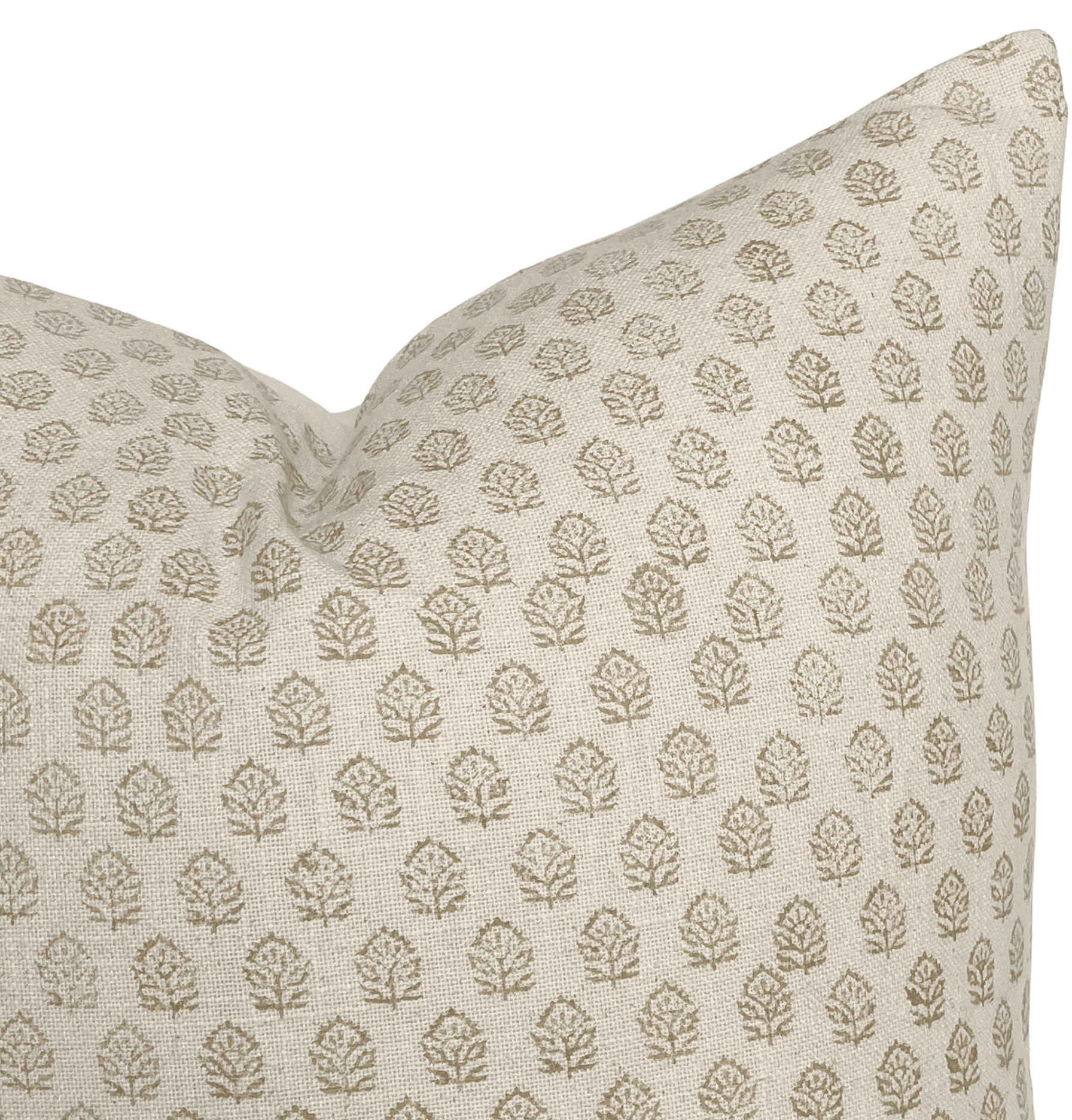 A close-up view of a plump throw pillow featuring a repeating botanical print pattern. The fabric is a light, textured woven material, possibly linen or a linen blend, in a cream or off-white base color. The pattern consists of stylized leaf or floret motifs in a muted beige or light brown hue, arranged in a grid-like fashion across the surface of the pillow. — 3D model