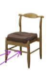 A light-colored wooden dining chair with a slightly curved backrest and a padded seat. The chair features four tapered legs, a stretcher between the front and back legs on each side, and a contoured back support. The seat cushion is upholstered in a dark brown fabric. — 3D model