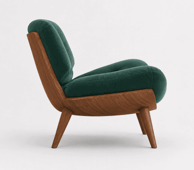 A contemporary lounge chair featuring a deep green velvet upholstery and a curved wooden frame. The seat and backrest are plush, with subtle button tufting, providing a comfortable and inviting aesthetic. The wooden base is made of a warm-toned wood, possibly walnut, and features splayed, tapered legs. The design combines elements of mid-century modern style with a luxurious velvet finish. — 3D model