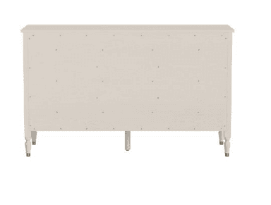 A six-drawer dresser with a light, off-white finish. The dresser features a scalloped apron along the bottom and stands on four decorative legs. Each drawer has a small, round, brass-colored knob. — 3D model