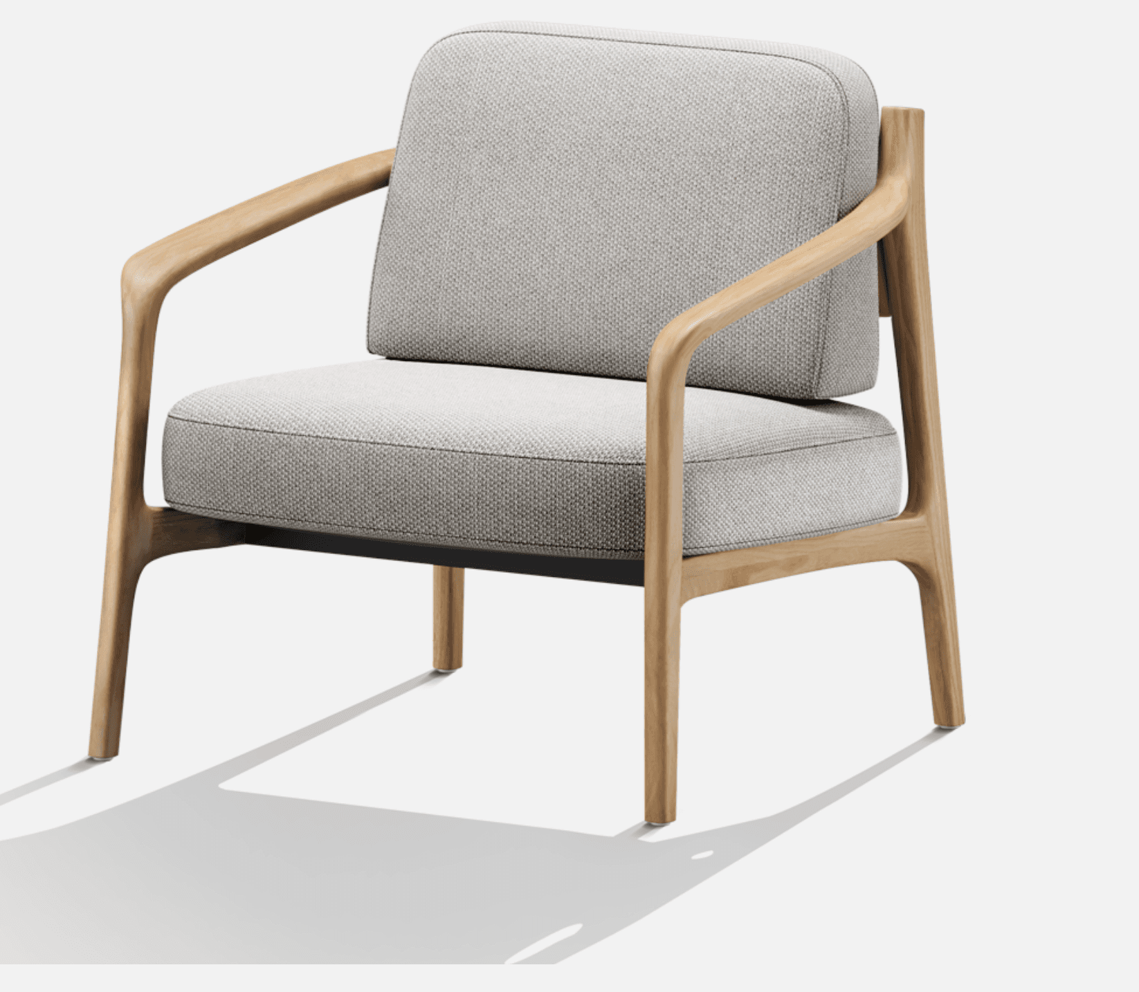 A modern Scandinavian-style armchair featuring a visible light-toned wooden frame and generously padded, upholstered cushions in a light grey or beige fabric. — 3D model