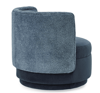 A contemporary armchair with a curved back and a rounded seat. The chair features a two-tone upholstery, with a light pink fabric on the seat and inner backrest, and a taupe-colored fabric on the outer backrest and base. The base is cylindrical and tiered. — 3D model