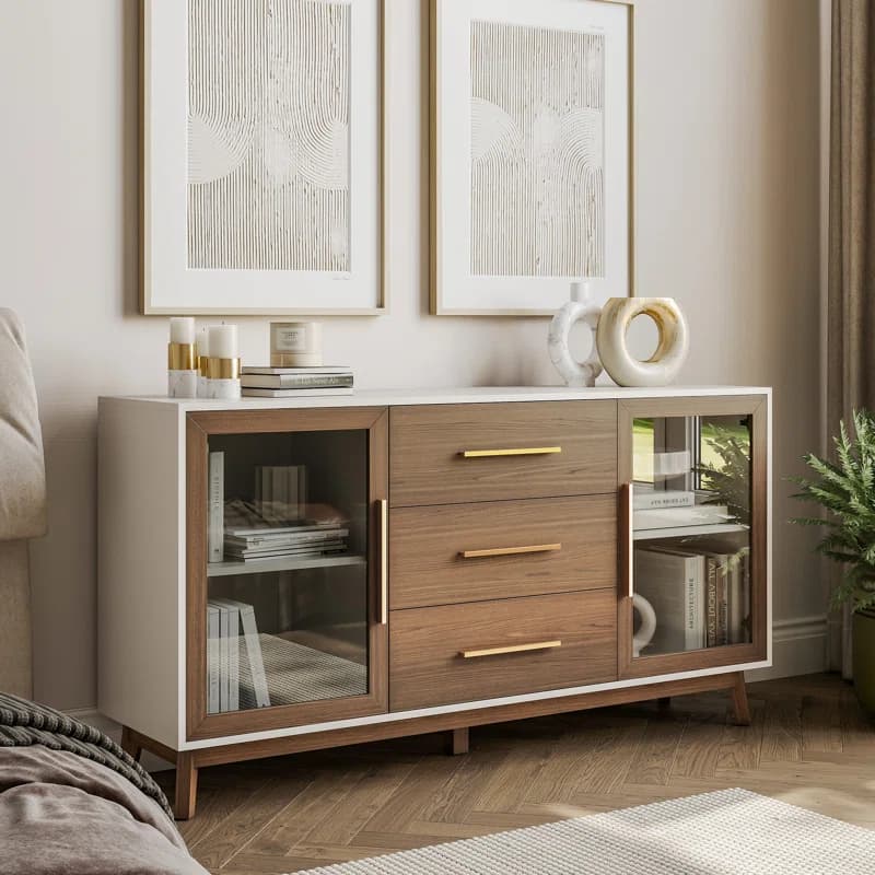 A modern sideboard with a combination of drawers and glass-fronted cabinets, elevated on tapered wooden legs. The main body features a white top and sides, contrasted with a wooden drawer front section and wooden frames around the glass doors. It has brass-toned hardware on the drawers and doors. — 3D model