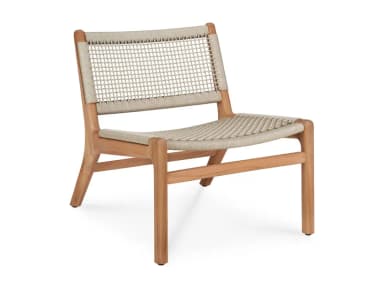 A low-profile lounge chair featuring a natural wood frame with a woven seat and backrest. The frame has a modern, organic shape with angled legs and curved armrests/back supports. The seat and back are constructed from a tightly woven cord or rope material, providing a supportive and comfortable surface. — 3D model