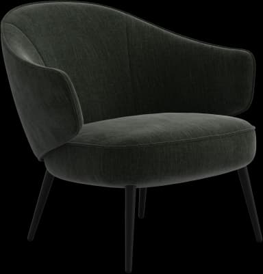 A contemporary lounge armchair featuring a curved, enveloping backrest that flows into integrated armrests. The chair is upholstered in a dark green textured fabric and supported by four slender, tapered black metal legs. — 3D model
