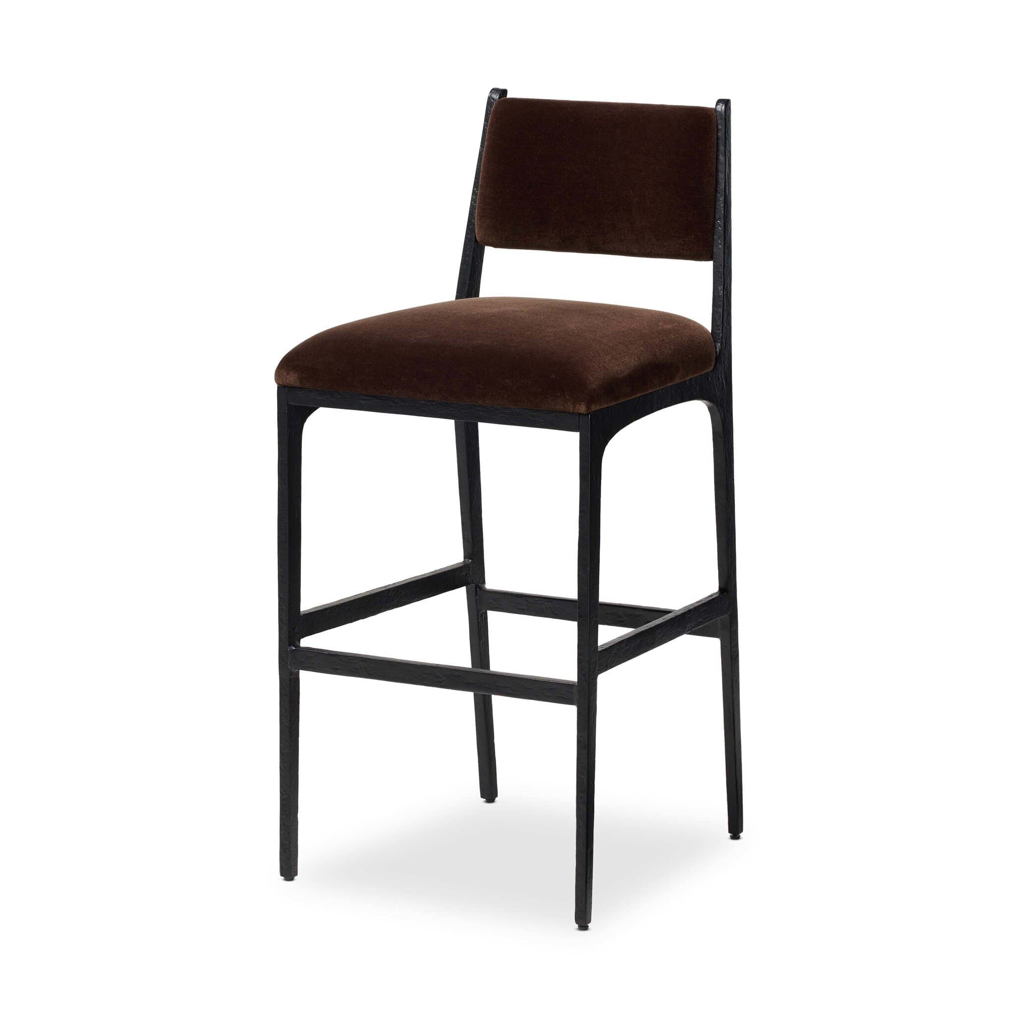 A contemporary bar stool featuring a sturdy black metal frame with an integrated footrest and a comfortable dark brown velvet upholstered seat and backrest, designed for elevated seating. — 3D model