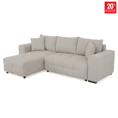An L-shaped sectional sofa featuring a chaise extension, upholstered in a light gray, subtly textured fabric. The sofa includes multiple plush back cushions and a small accent pillow. Its seat cushions are distinctively button-tufted, providing a structured yet soft appearance. The arms are wide and block-shaped, offering a contemporary profile. The entire piece is supported by small, recessed dark block feet. — 3D model