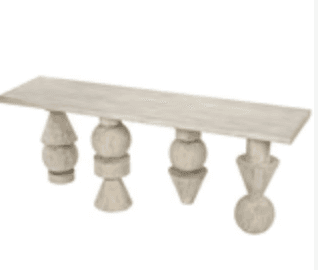 An elongated, rectangular coffee table crafted from wood with a light, whitewashed finish. It features four distinct, sculptural legs, each composed of uniquely stacked geometric shapes such as spheres, cones, and cylinders, providing a dynamic and artistic base. — 3D model