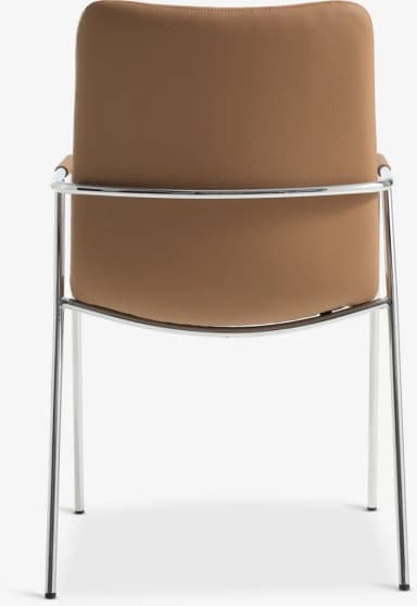 A contemporary armchair featuring a polished tubular chrome frame that forms the legs and integrated armrests. The seat and backrest are upholstered in a smooth, tan-colored material, likely faux leather or a durable fabric. The backrest is gently curved, contributing to the chair's sleek profile. — 3D model