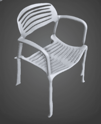 A light gray plastic armchair featuring a contemporary design with a slatted backrest and seat. The chair has integrated armrests that curve smoothly from the back. Its legs are slender and slightly irregular, contributing to an organic or sculptural aesthetic. The overall appearance is lightweight and modern, suitable for both indoor and outdoor use. — 3D model