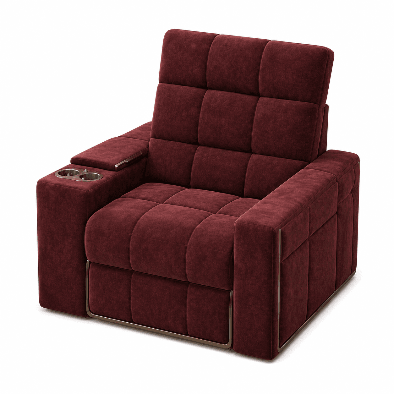 A single-seat home theater style recliner armchair upholstered in a deep burgundy plush fabric, featuring distinctive square tufting across the seat, backrest, and armrests. The right armrest (from the viewer's perspective) includes two integrated metallic cup holders and a small, presumably wooden or metallic, accent strip. The chair has a modern, boxy silhouette and a subtle metallic trim along its base, suggesting a robust and comfortable design intended for immersive viewing or relaxation. — 3D model