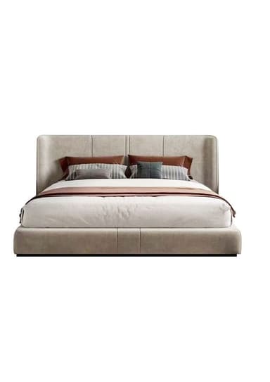 A modern upholstered platform bed featuring a low-profile frame and a channel-tufted headboard, all covered in a light beige or greige fabric. The bed is presented with white bedding and accent pillows in various shades of brown and grey. — 3D model